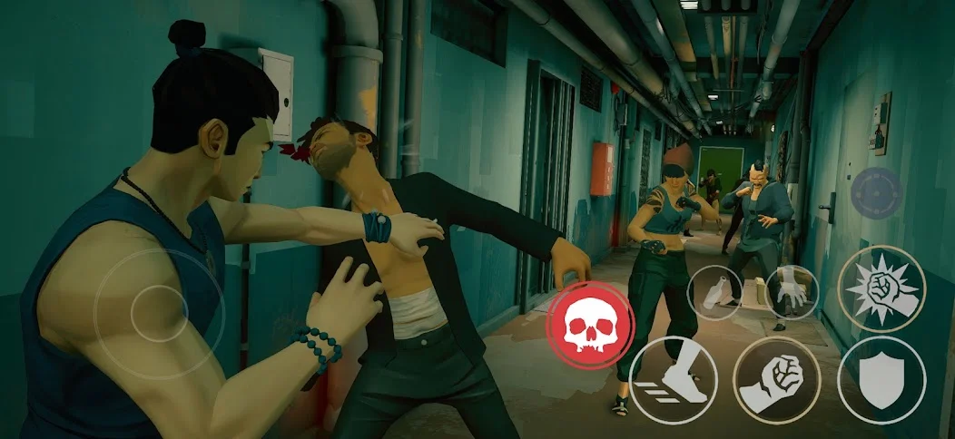 Official Android screenshot showing the left movement area and right action buttons in a corridor fight.